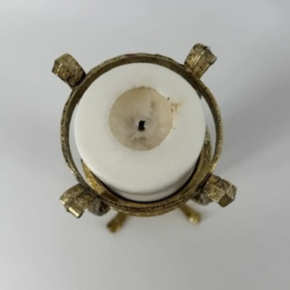 Vintage Ornate‎ Gold Tone Metal Candlestick Holder With White Candle 10